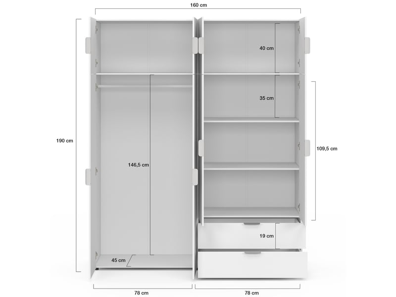 Armoire 4 portes mina blanc penderie 160 cm avec 2 rangements hauts et ...