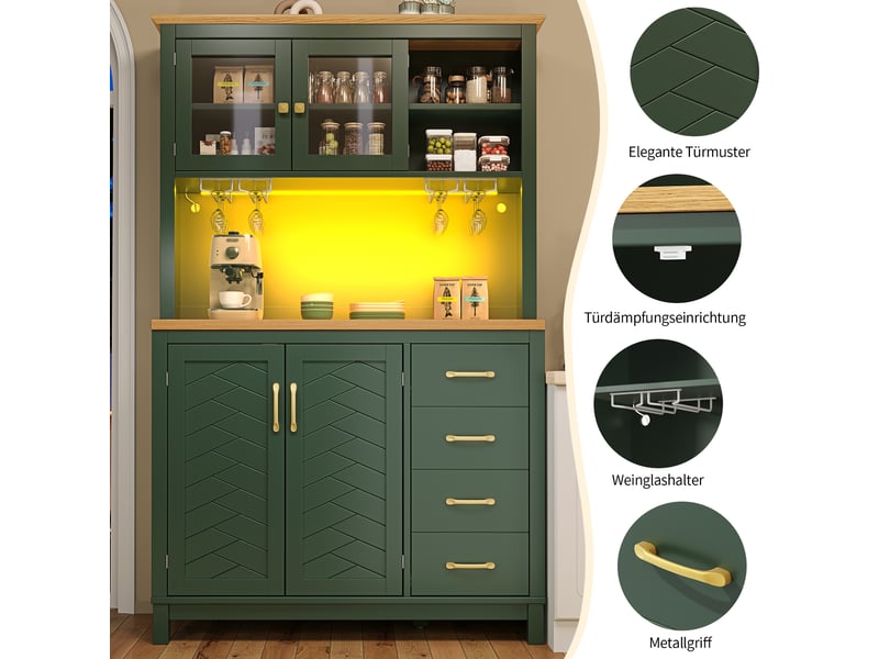  Buffet de cuisine 4 portes avec éclairage led mdf vert 105.5 x 40 x 180 cm  - Conforama D