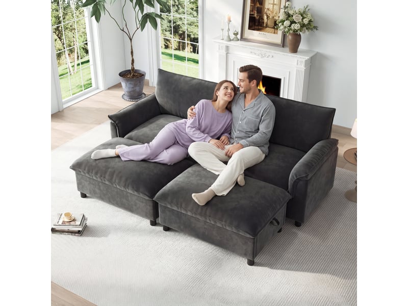 Canapé modulable 4 places, canapé d'angle gris en chenille, assise profonde avec 2 poufs de rangement pour salon & chambre, 216cm - Conforama B