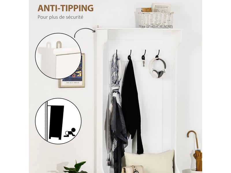  Meuble d'entrée 4 en 1, vestiaire d'entrée avec banc de rangement et 4 crochets doubles, 71,5 x 39,5 x 170 cm, blanc  - Conforama W