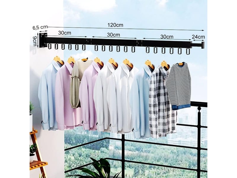  Porte-vêtements étendoir à linge mural rétractable avec crochets, rotatif à 360 °, tri-pliable pour balcon, buanderie, salle de bain (noir  - Conforama B