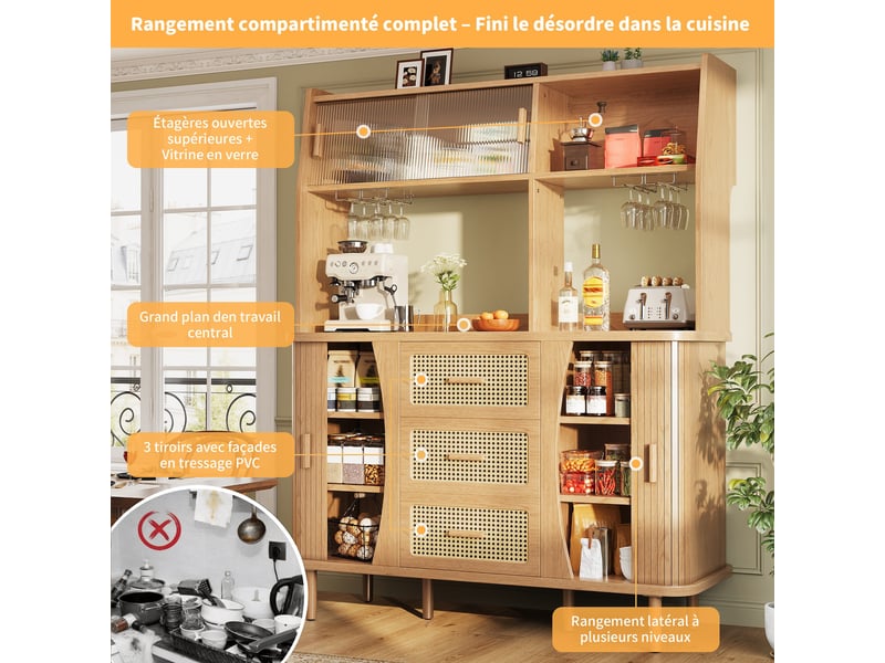  Buffet haut 140 x 40,5 x 174,5 cm naturel, façade effet rotin, portes vitrées ccoulissantes, 3 tiroirs et porte-verres  - Conforama D