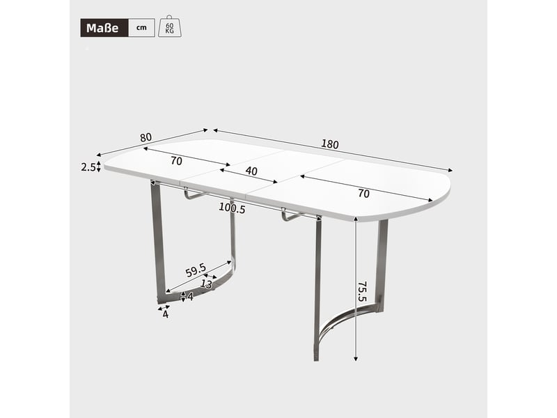 Table à manger extensible rectangulaire en mdf avec pieds en métal plaqué argent,140180x80cm,blanc table blanc - Conforama C