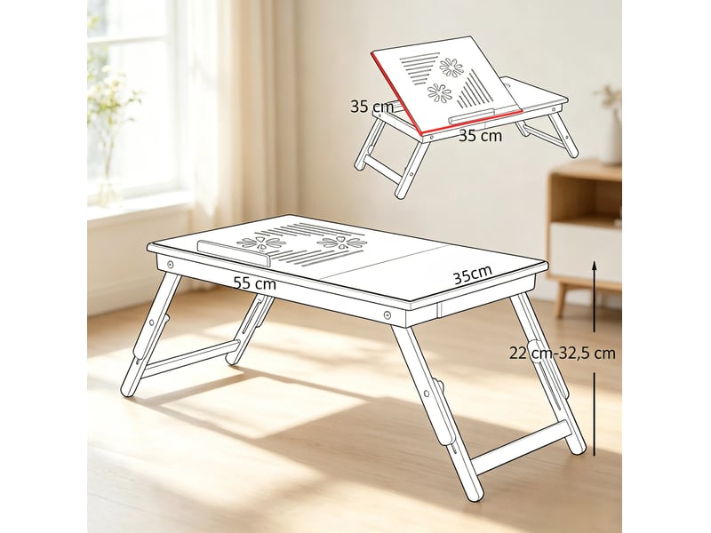  Table de lit pliable en bambou avec plateau inclinable et hauteur réglable, 55 x 35 cm  - Conforama C