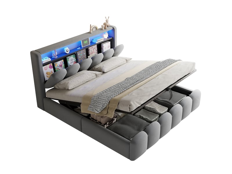  Lit coffre rembourré 180x200 cm coloris gris led velours lit adulte gris - Conforama A