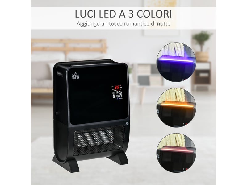  Chauffage électrique 2 en 1 avec humidificateur, lumière led 3 couleurs, minuterie et télécommande, 33 x 21 x 49,5 cm, noir  - Conforama D