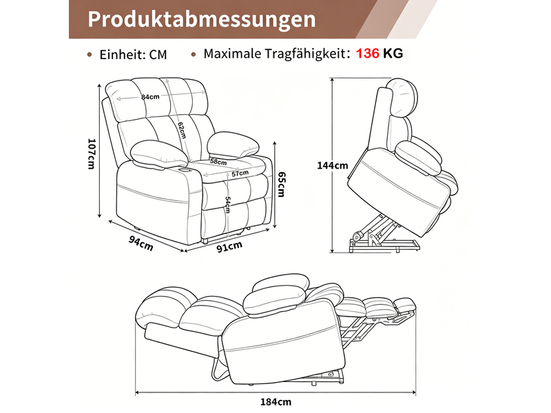  Fauteuil relax électrique bleu avec deux moteurs et aide au lever pour salon fauteuil de lecture inclinable multifonction  - Conforama C