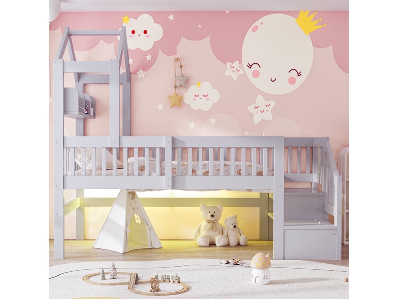  Lit mezzanine enfant 90x200 cm, toit, rangements, garde-corps, led, usb, pin, contreplaqué et mdf, gris sans matelas  - Conforama B