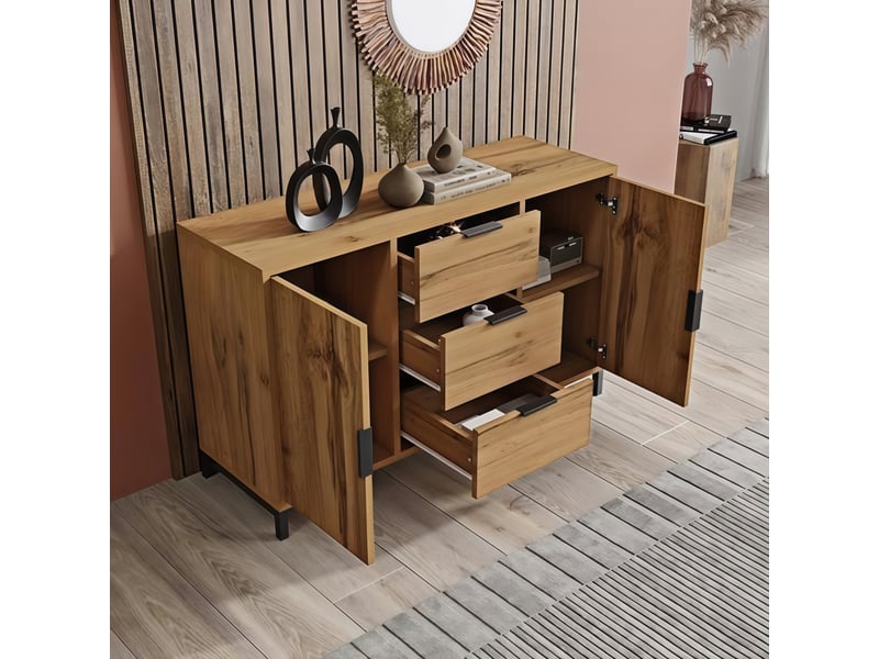  Commode à 3 tiroirs et 2 portes, 120 x 40 x 76 cm, étagères réglables et poignées métal, effet chêne foncé  - Conforama D