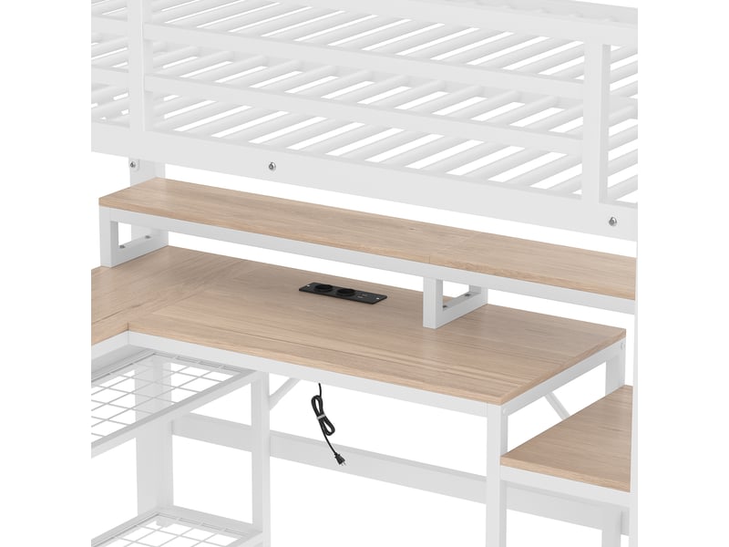  Lit mezzanine 140 x 200 cm sans matelas, structure métal, bureau, led, usb, escalier avec rangement, blanc  - Conforama E