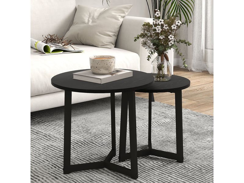  Tables basses gigognes rondes avec structure en acier laqué et plateaux mdf 2 tables emboîtables pour salon noires  - Conforama C