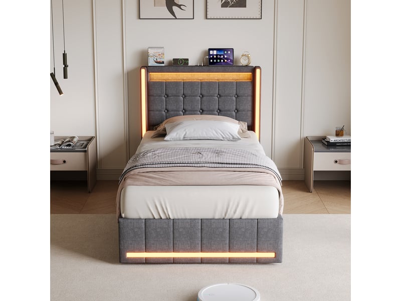  Lit rembourré 90 x 200 cm avec éclairage led, port de chargement usb, double tiroir, gris  - Conforama D