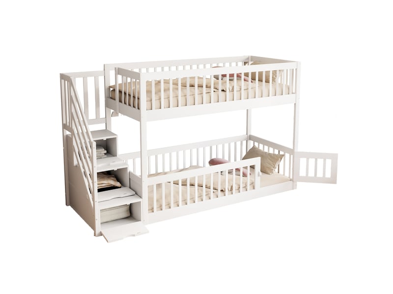 Lit superposé, 90x200 cm, mobilier enfant, barrières de sécurité, 1 sommier, matelas non inclus, bois, coloris blanc - Conforama E