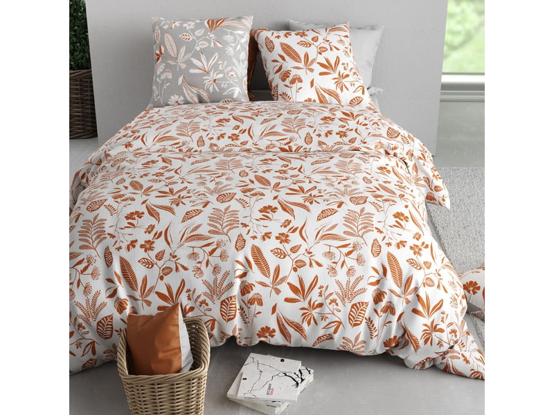  Parure housse de couette 260x240cm + 2 taies motif feuillage blanc et orange 100% coton - ahylia AHYLIA - Conforama C