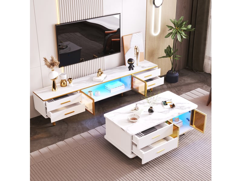  Ensemble meuble tv et table basse modenvie avec rangement led 170 x 37 x 47,5 cm blanc et doré  - Conforama D