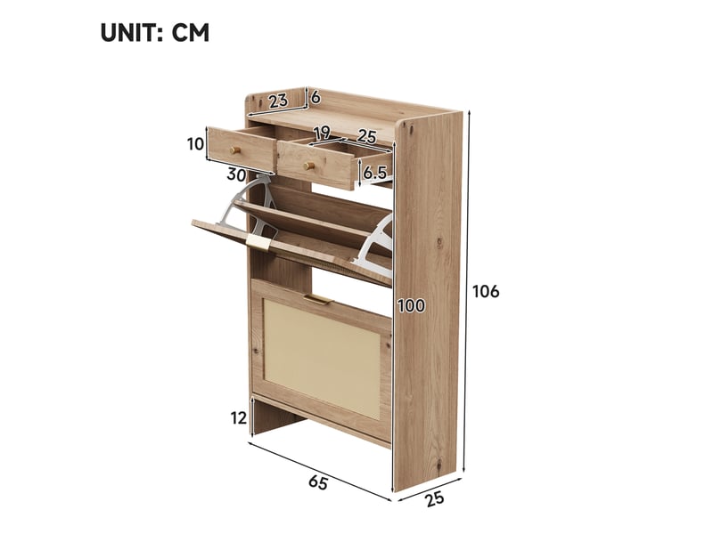  Meuble à chaussures 65×25×106 cm en panneaux de particules avec 2 abattants et 2 tiroirs naturel chicfurn  - Conforama D