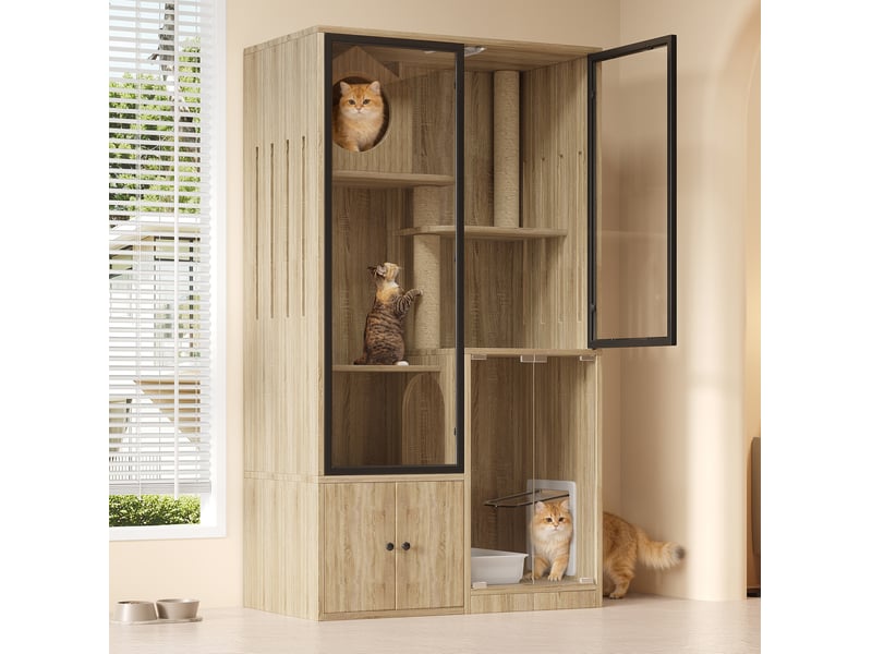  Maison intérieure pour félins 90x50x160 cm en mdf et verre coloris naturel  - Conforama B