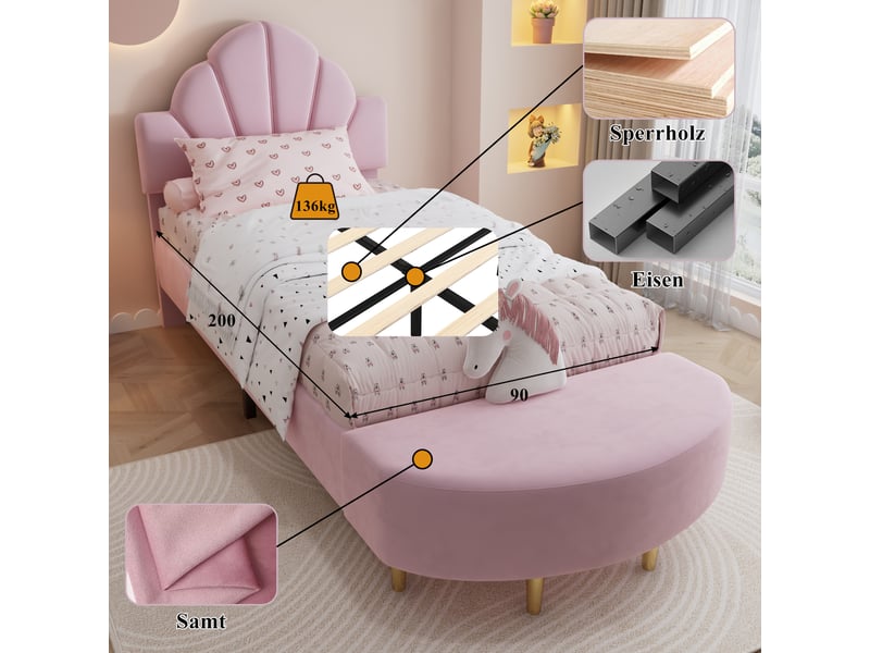  Lit 90x200 cm avec banquette assortie, tête de lit rembourrée velours rose  - Conforama E