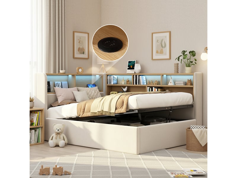  Canape lit 90x200 cm avec rangement hydraulique, lit rembourré, lit de jour avec led, usb et dossier, structure de lit, beige  - Conforama A
