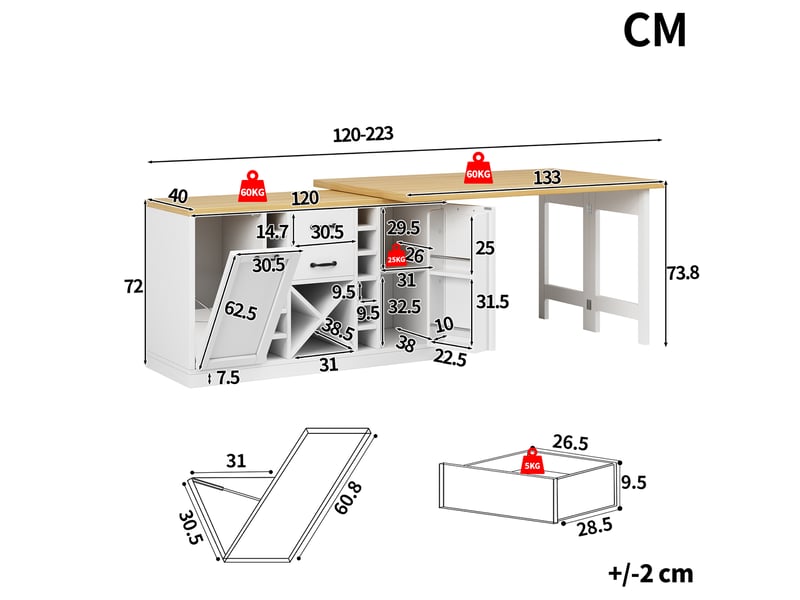 Îlot central de cuisine blanc 120x40x74cm pivotant rangement tiroirs portes casier à vin mdf et métal cuisine rangement pratique - Conforama E