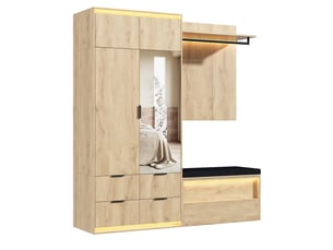 Armoire de penderie 180x47x200 cm, vestiaire d'entrée complet avec miroir et banc rembourré, avec éclairage led, en mdf, chêne
