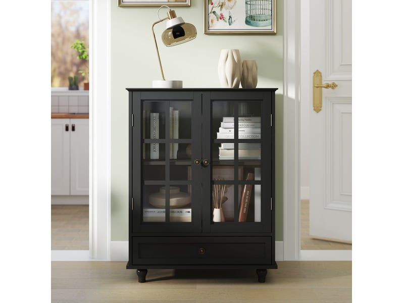  Buffet bas 71x38x93 cm avec 2 portes en verre de sécurité trempé et 1 tiroir en mdf couleur noir, moderne  - Conforama B