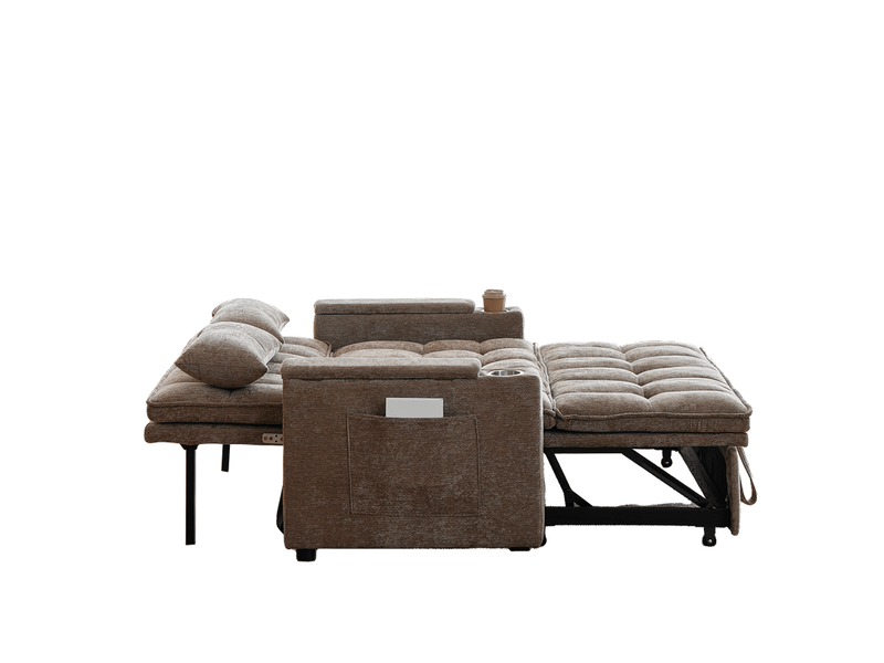 Canapé-lit 3-en-1 142 cm avec coussins moelleux, 2 coussins lombaires, tablette et porte-gobelet - Conforama E
