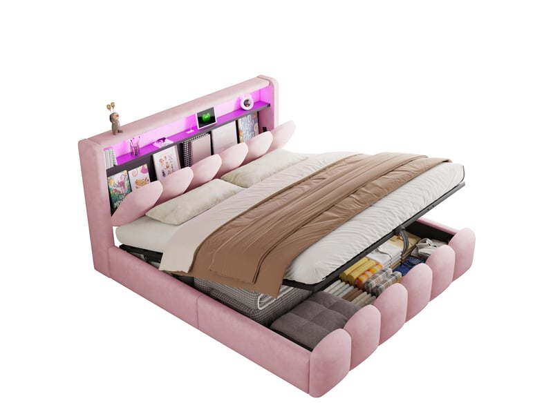  Lit coffre 180 × 200 cm 2 places avec rangement hydraulique, led, usb et type-c, sans matelas, velours rose  - Conforama A