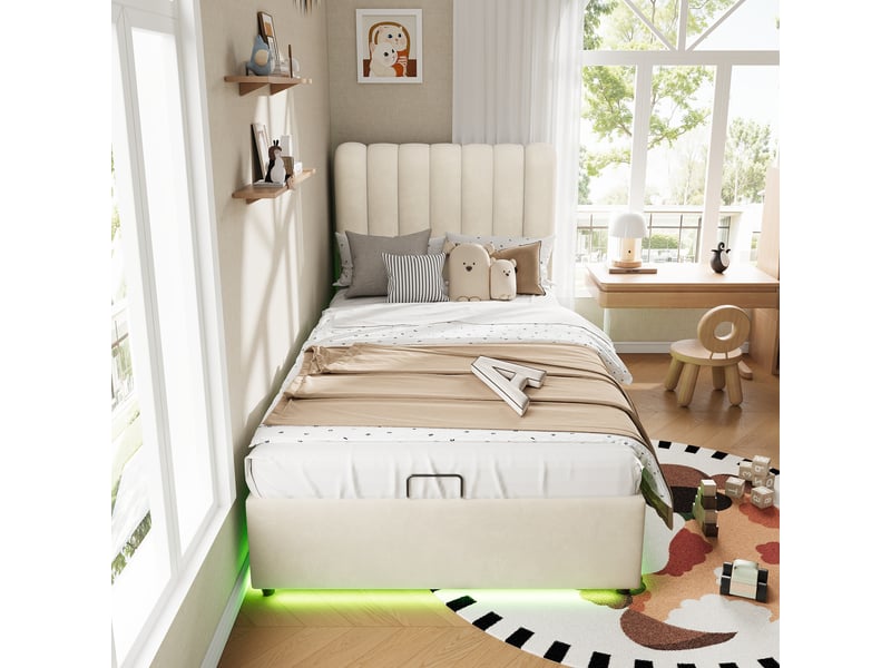  Lit coffre 90x200 cm, lit enfant, rangement hydraulique, 3 tiroirs, led, velours beige  - Conforama D