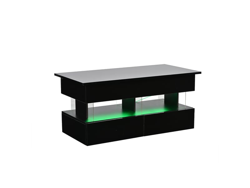  Table bassetable d'appoint relevable 100 x 50 x 46 cm avec plateau réglable en hauteur et rangement dissimulé, finition brillante avec éclairage led, table basse à 2 tiroirs, noir, mdf + acrylique  - Conforama E
