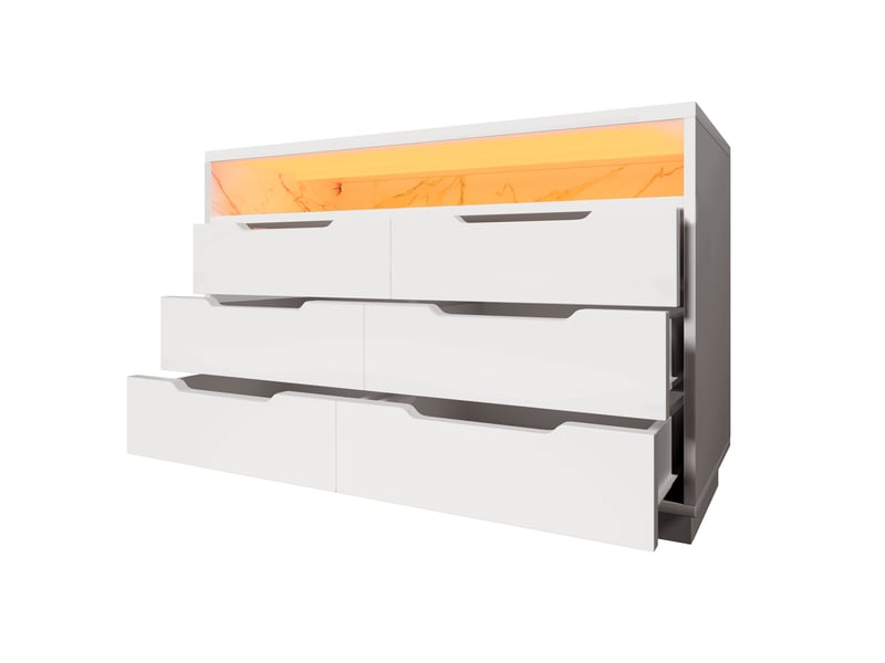  Commode blanche 120x40x85 cm avec 6 tiroirs, led et niche effet marbre  - Conforama E