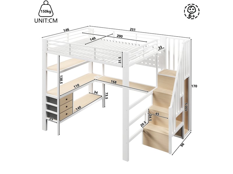  Lit mezzanine 140x200 cm avec bureau, rangements et led blanc  - Conforama C