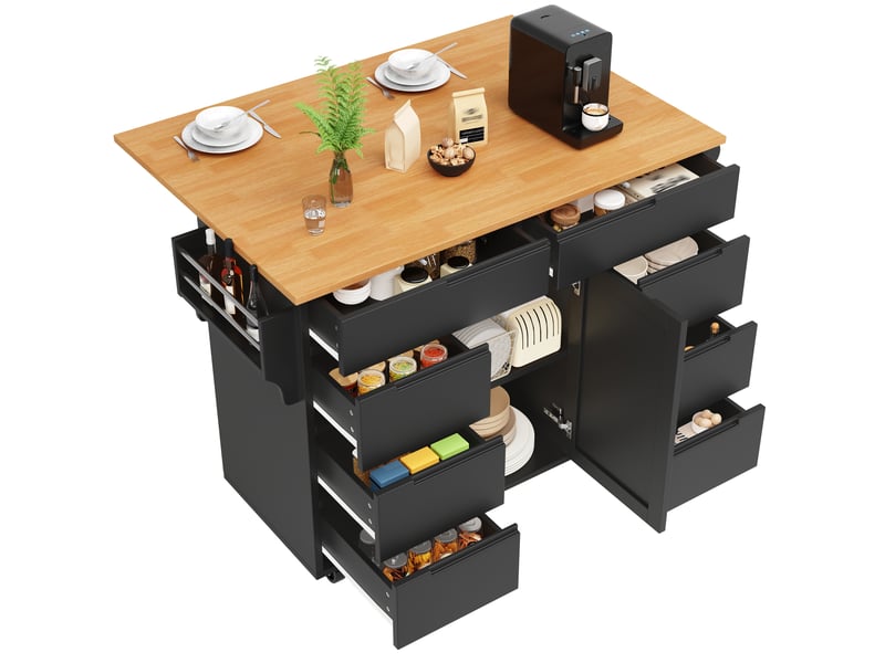 Desserte cuisine, îlot central sur roulettes avec plan de travail, plateau extensible, 8 tiroirs, dimensions 122 x 74,5 x 91,5 cm, mdf, noir - Conforama A