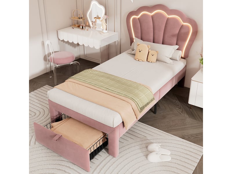  Lit enfant 90x200 velours rose - cadre avec tiroir, led rgb connectée et tête de lit réglable  - Conforama W