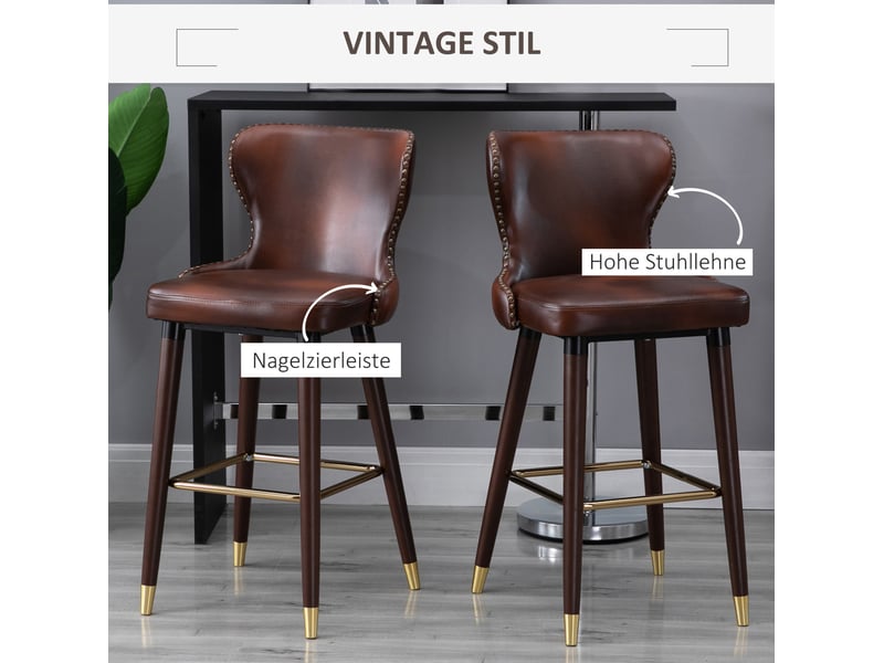  Lot de 2 tabourets de bar rétro avec dossier bas, repose-pieds et assise rembourrée, en bois et pu marron  - Conforama E