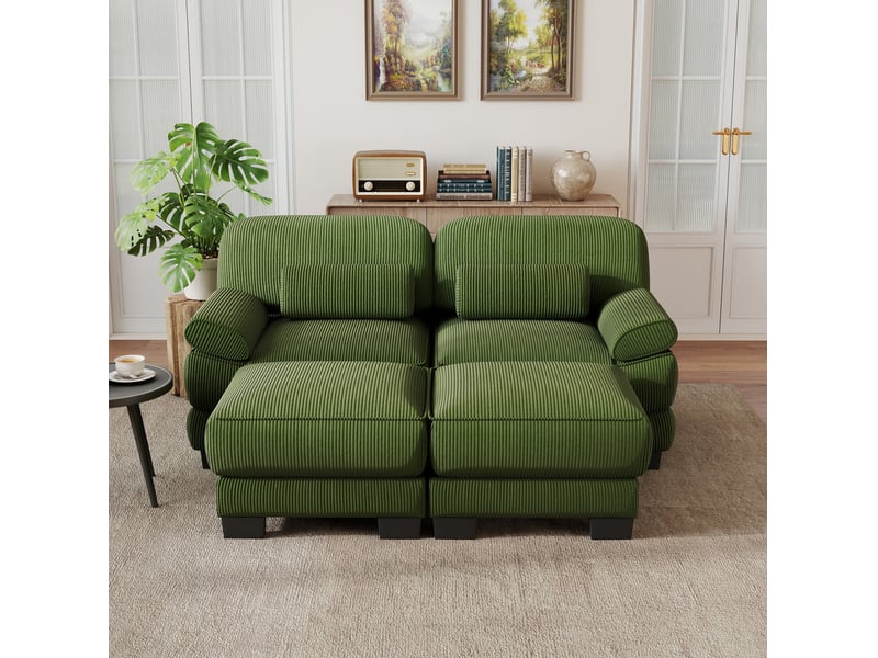 Canapé droit modulaire 2 places en velours côtelé vert avec 2 poufs - Conforama E
