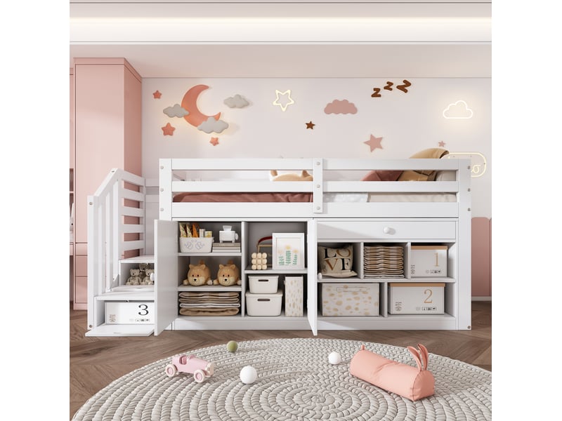Lit enfant multifonctionnel 90x200 cm rangement tiroirs convertibles escalier réversible bois blanc sans matelas - Conforama R