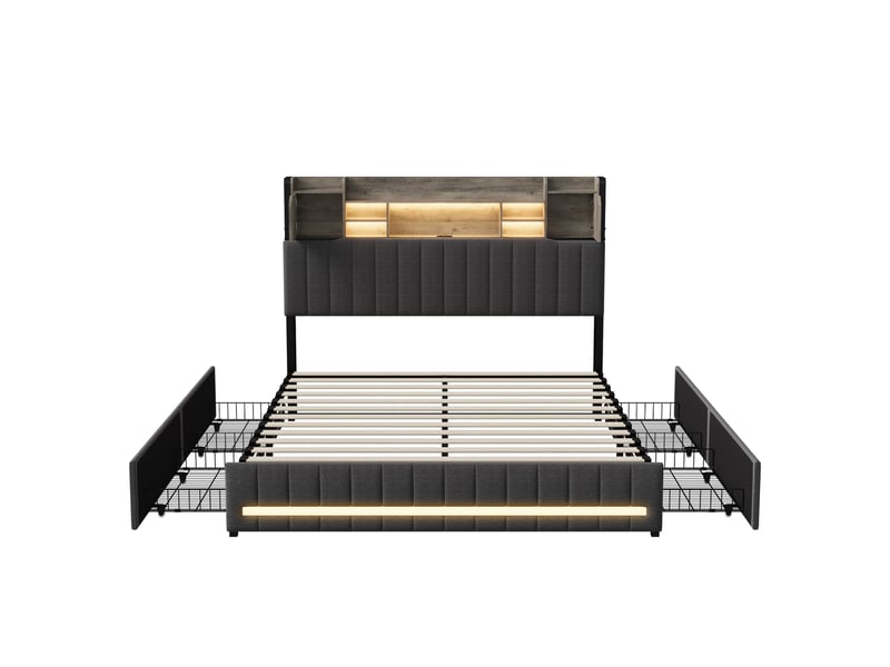  Lit 140 x 190 avec sommier, 4 tiroirs rangement, tête de lit rangement, led rgb, prise eu + usb, tissu lin gris  - Conforama A