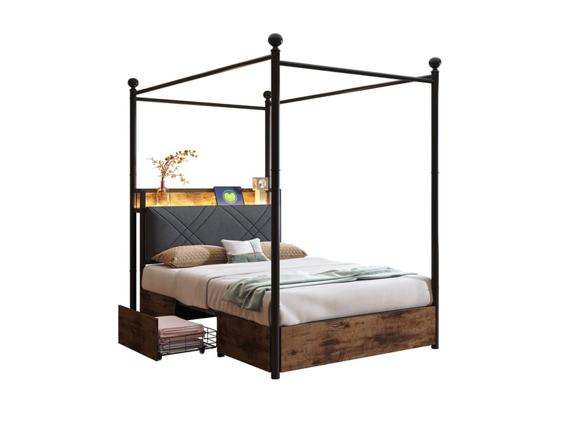 Lit baldaquin 90x190 cm, lit modulable, tiroirs sur roulettes, éclairage led, dossier doux, mdf, noir, sans matelas - Conforama A
