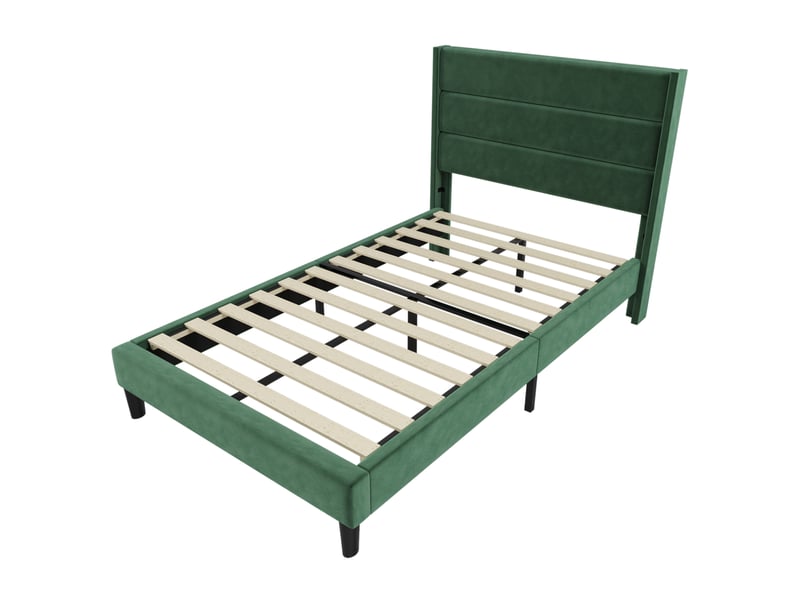  Lit simple 90x200 cm, lit enfant, avec tête de lit, pieds antidérapants, velours et métal, vert foncé, matelas inclus  - Conforama A
