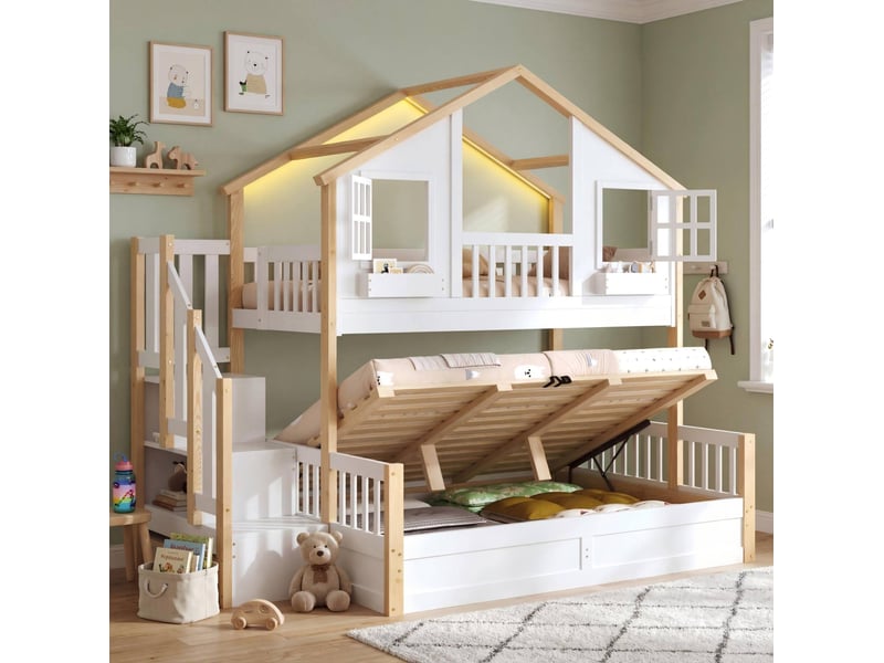  Lit superposé cabane avec lit inférieur relevable, led et escalier de rangement pour chambre d’enfant en pin blanc et naturel  - Conforama E