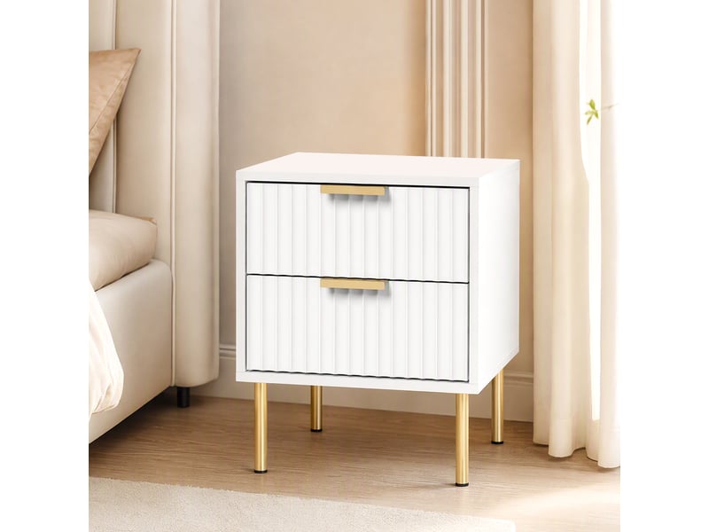  Table de chevet, table de nuit cannelée avec 2 tiroirs et pieds en acier, salon, pour chambre à coucher, blanc  - Conforama D