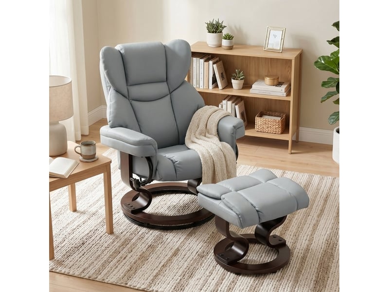  Fauteuil relax pivotant avec repose-pieds, dossier inclinable jusqu’à 145 degrés, gris clair  - Conforama D