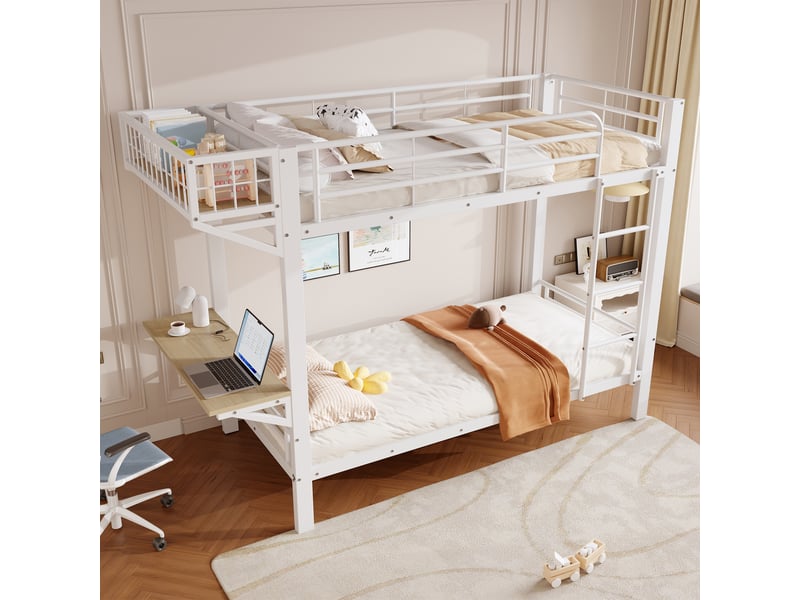  Lit superposé 90 x 200 cm avec bureau intégré, structure métal et mdf, garde-corps, échelle et rangement ouvert  - Conforama B