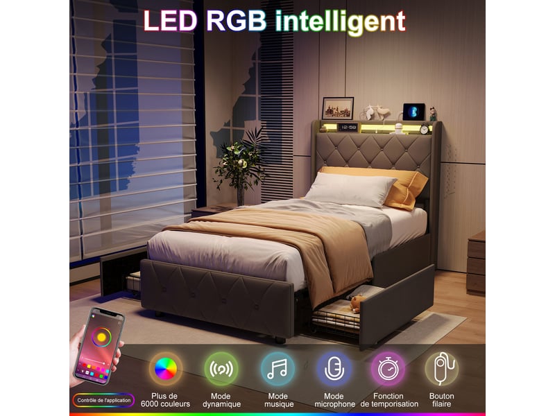  Lit coffre 90x200 cm, tête de lit led, coloris gris  - Conforama C