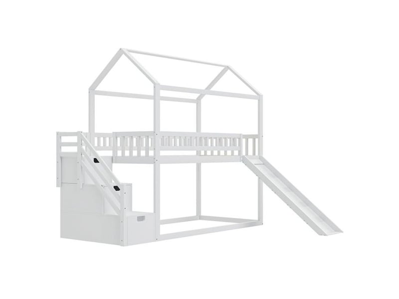  Lit enfant lit cabane 90x200 cm avec toboggan et échelle de rangement blanc  - Conforama A