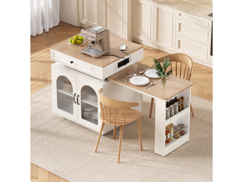  Îlot de cuisine sur roulettes 128-200x71x92cm avec table extensible 2 à 4 places,led,usbusb-c et rangements,mdf blanc et effet bois Sol Morn - Conforama E