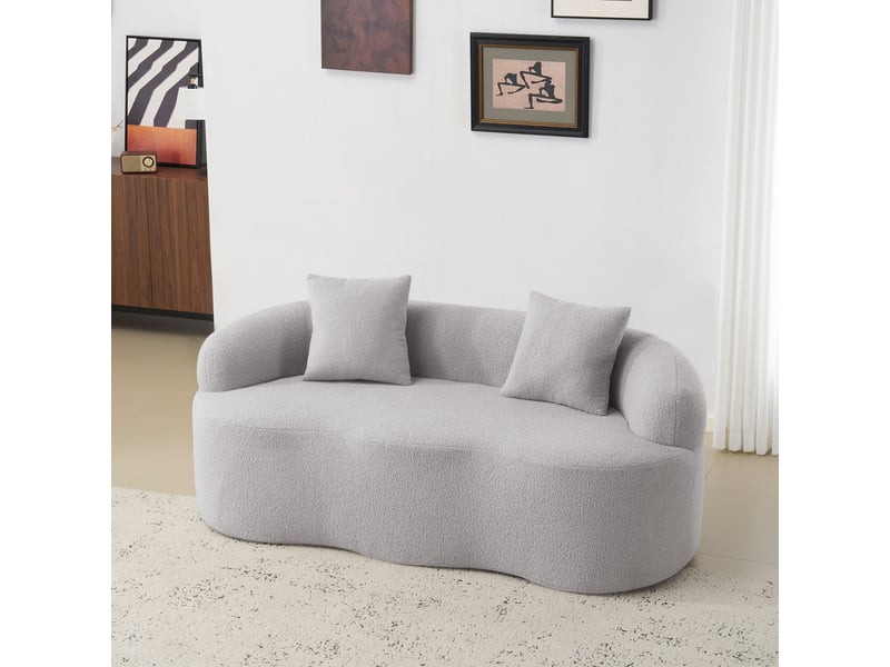  Canapé 2 places courbé en tissu bouclé – canapé compression avec coussins inclus, assise confortable, mousse haute résilience – gris clair  - Conforama B