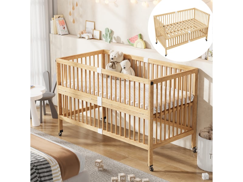  Lit enfant évolutif, 4 hauteurs et roulettes verrouillables - okmyhome- barrière rabattable, pin massif, sans matelas  - Conforama E