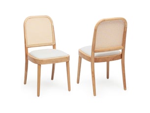 2 chaises de salle à manger en bois massif, dossier rotin, confortables et respirantes, style moderne, bois clair et lin
